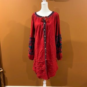 FREE PEOPLE RED COTTON LONG SLEEVE DRESS WITH AZTEC SLEEVE DETAIL SIZE M